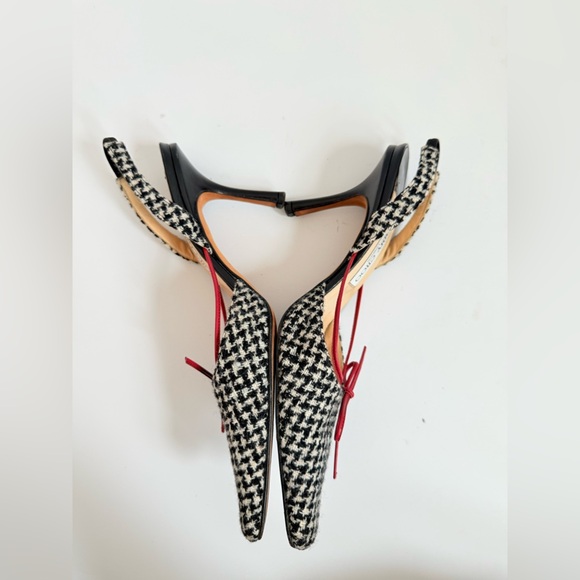 Jimmy Choo Vintage Black White Houndstooth Wool Red Dainty Ribbon Pumps EU 37 - Picture 4 of 7